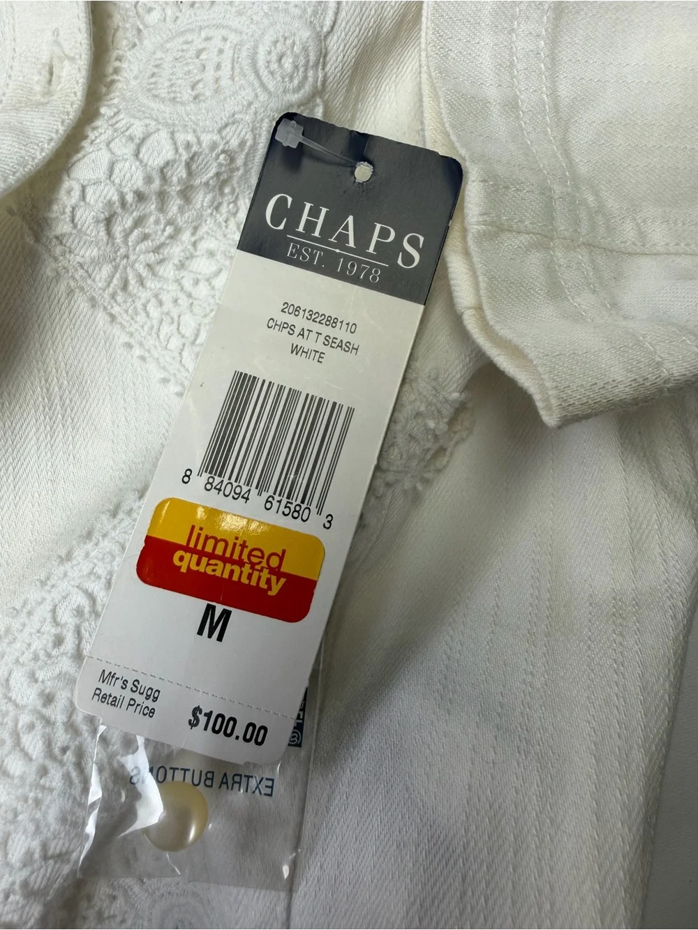 Chaps White Embroidered Button-Front Women’s Shirt/Jacket , puff sleeve NWT Med